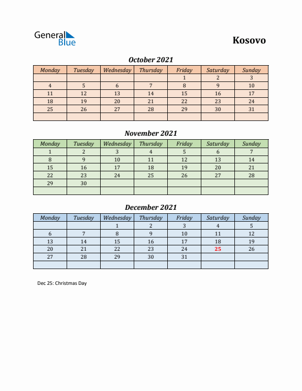 Q4 2021 Holiday Calendar - Kosovo