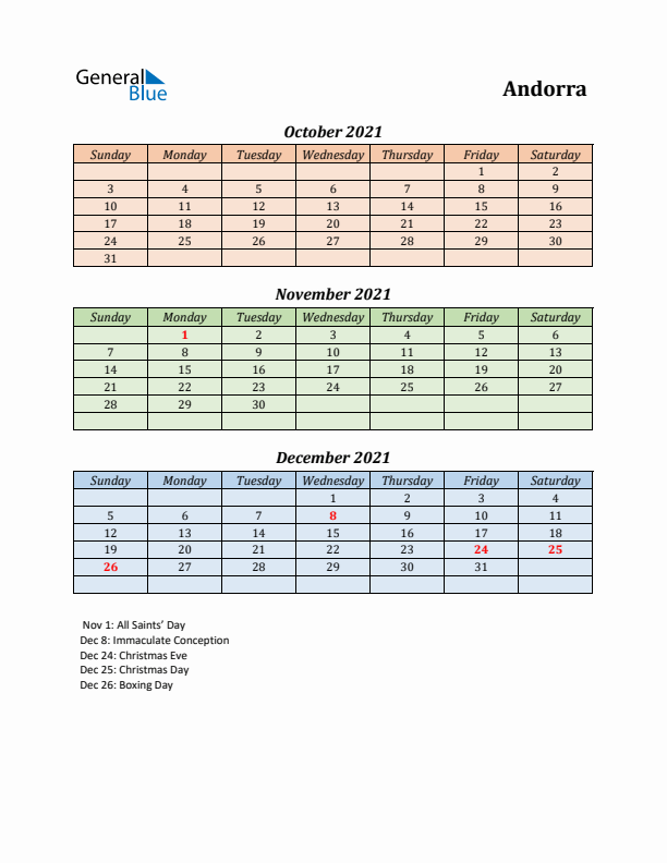 Q4 2021 Holiday Calendar - Andorra