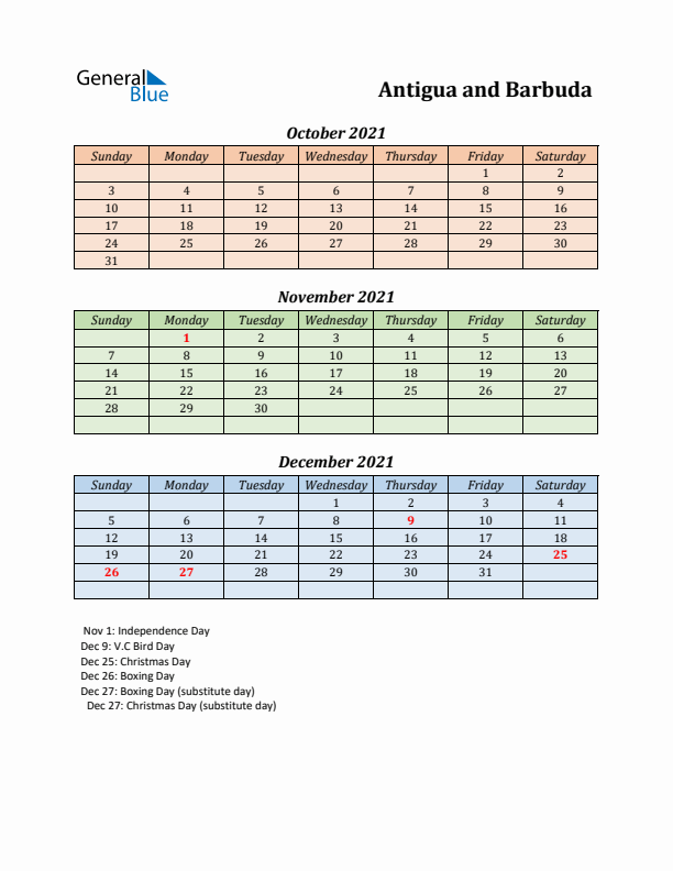 Q4 2021 Holiday Calendar - Antigua and Barbuda