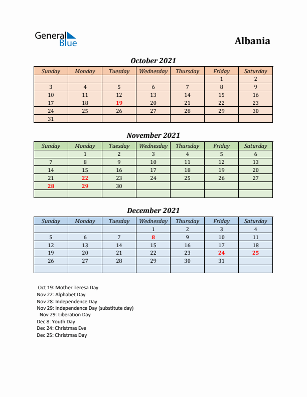 Q4 2021 Holiday Calendar - Albania