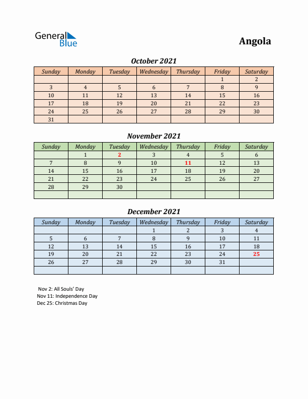 Q4 2021 Holiday Calendar - Angola