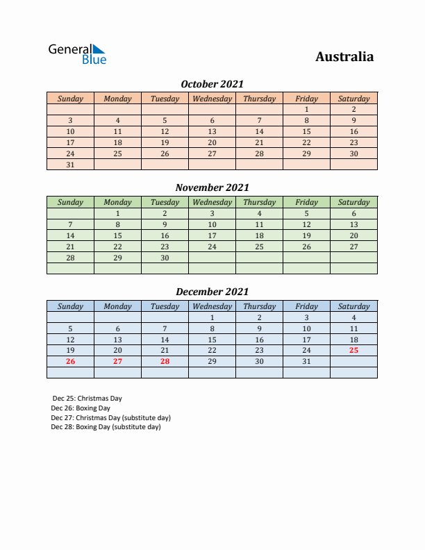 Q4 2021 Holiday Calendar - Australia