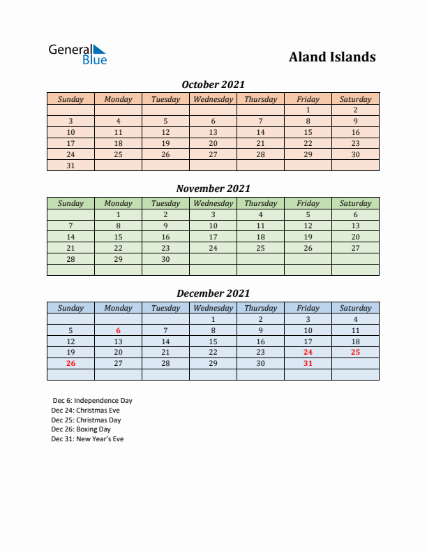 Q4 2021 Holiday Calendar - Aland Islands