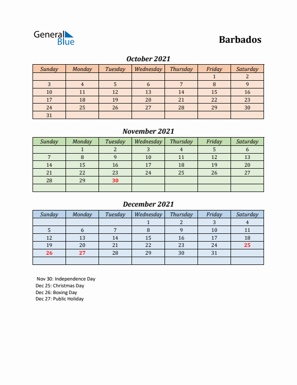 Q4 2021 Holiday Calendar - Barbados