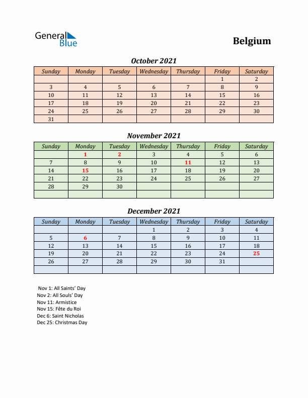 Q4 2021 Holiday Calendar - Belgium