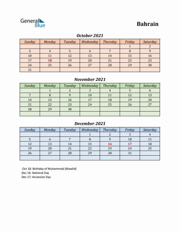 Q4 2021 Holiday Calendar - Bahrain