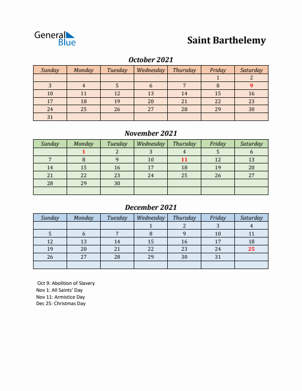 Q4 2021 Holiday Calendar - Saint Barthelemy