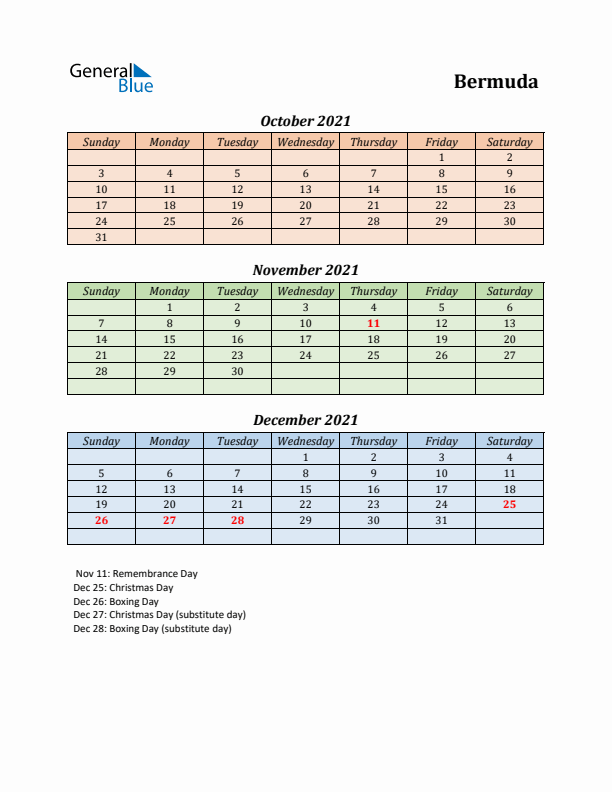 Q4 2021 Holiday Calendar - Bermuda