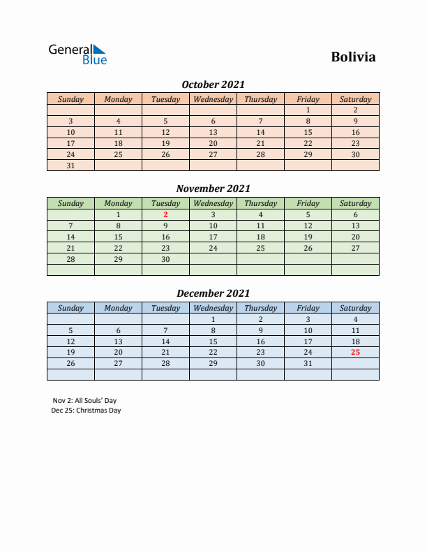 Q4 2021 Holiday Calendar - Bolivia