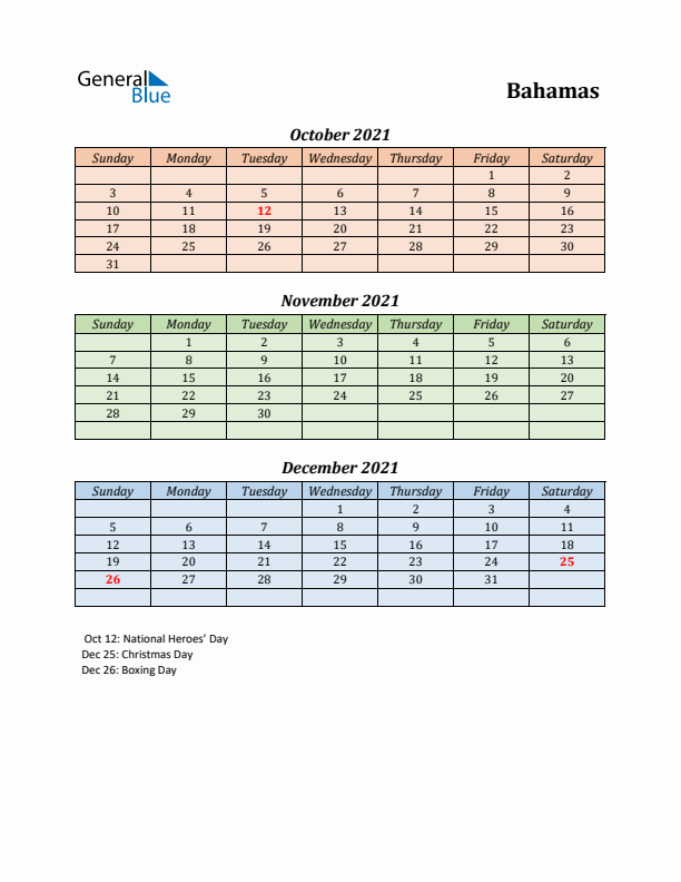 Q4 2021 Holiday Calendar - Bahamas