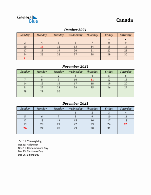 Q4 2021 Holiday Calendar - Canada