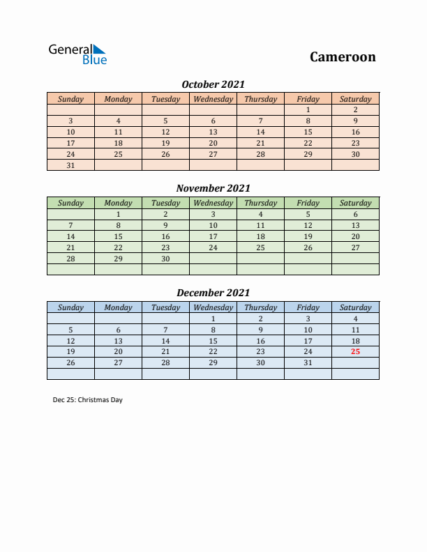 Q4 2021 Holiday Calendar - Cameroon