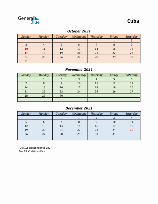 Q4 2021 Holiday Calendar - Cuba