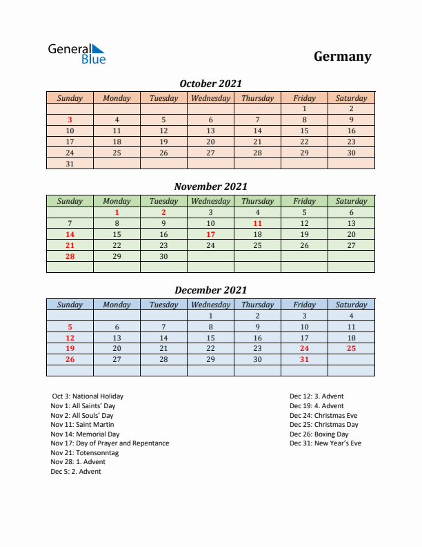 Q4 2021 Holiday Calendar - Germany