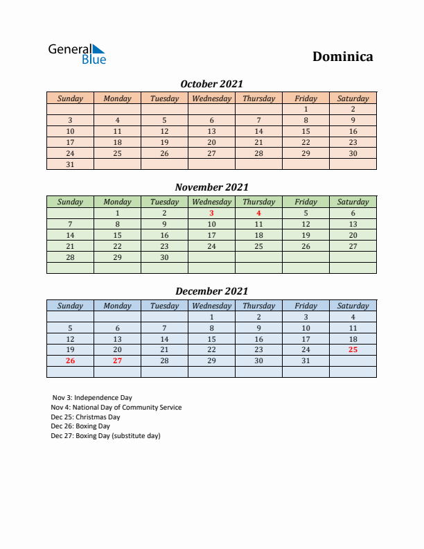 Q4 2021 Holiday Calendar - Dominica