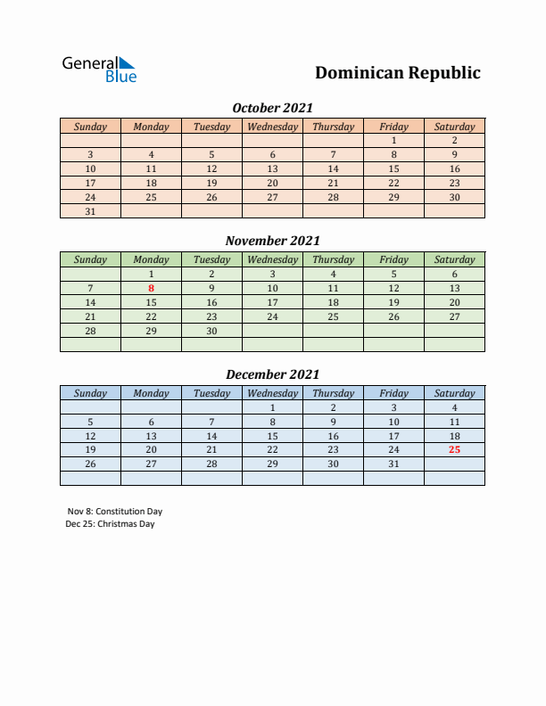 Q4 2021 Holiday Calendar - Dominican Republic