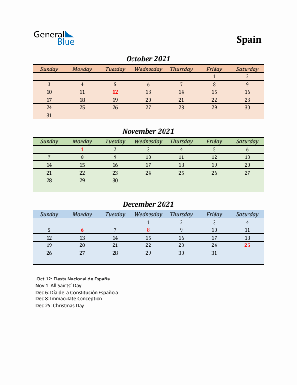 Q4 2021 Holiday Calendar - Spain