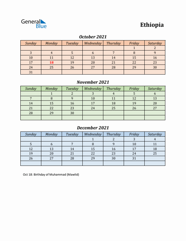 Q4 2021 Holiday Calendar - Ethiopia