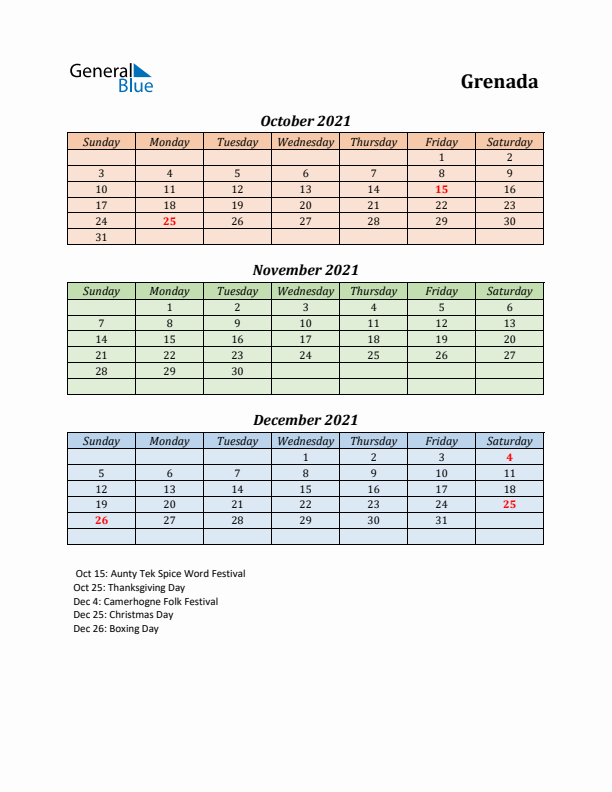 Q4 2021 Holiday Calendar - Grenada