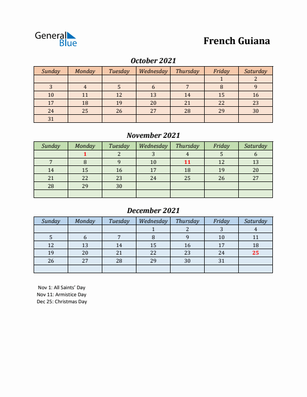 Q4 2021 Holiday Calendar - French Guiana