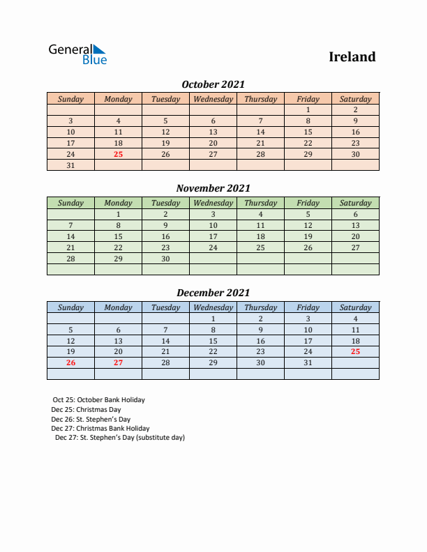 Q4 2021 Holiday Calendar - Ireland