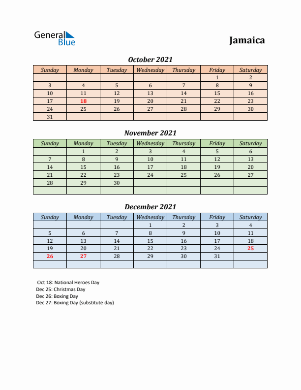 Q4 2021 Holiday Calendar - Jamaica