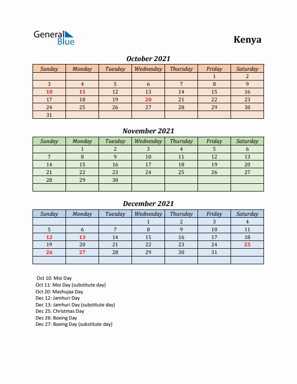 Q4 2021 Holiday Calendar - Kenya