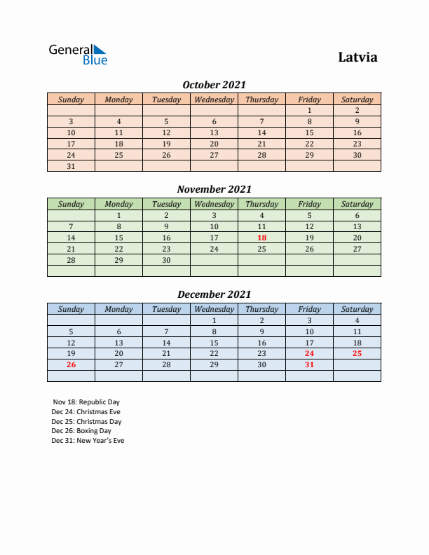 Q4 2021 Holiday Calendar - Latvia