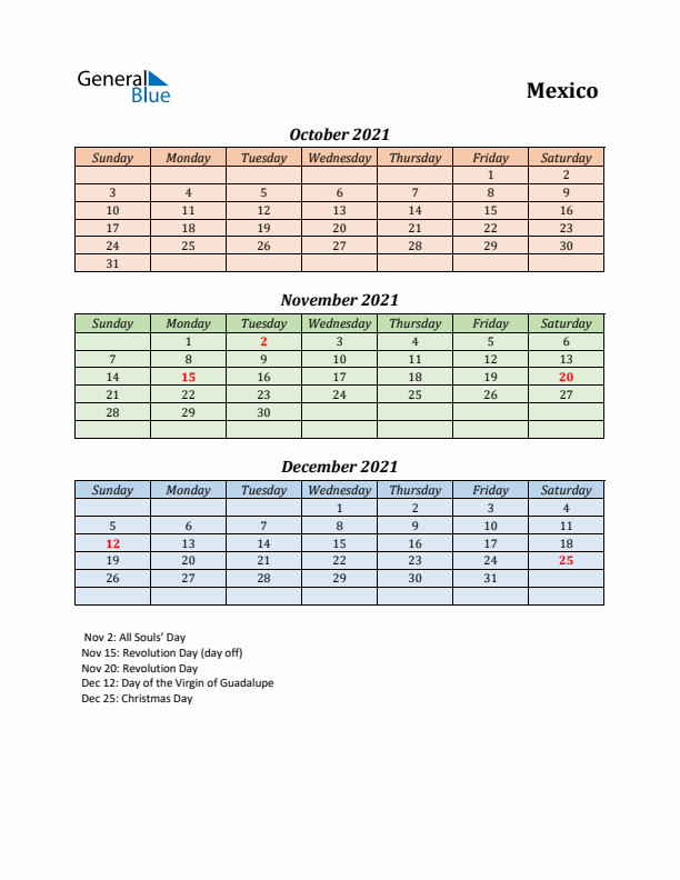 Q4 2021 Holiday Calendar - Mexico