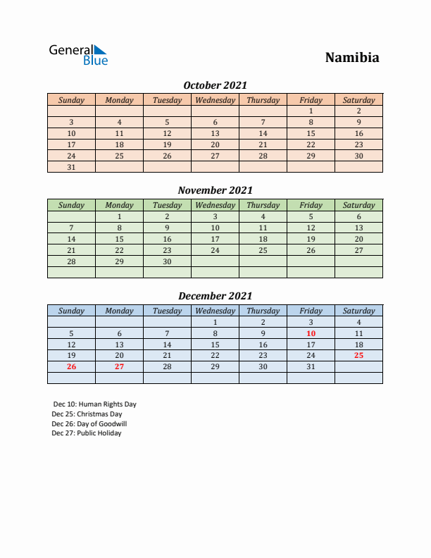 Q4 2021 Holiday Calendar - Namibia