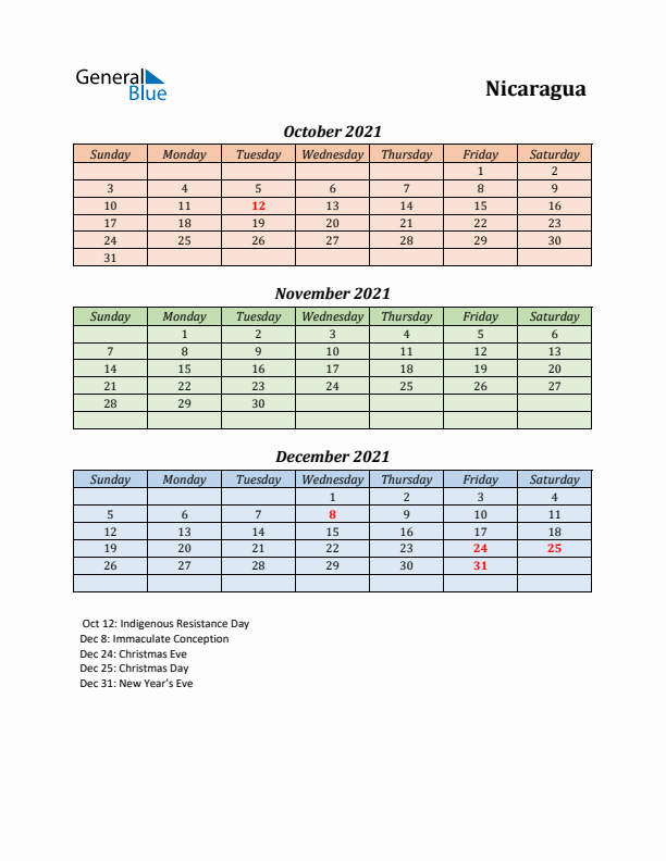 Q4 2021 Holiday Calendar - Nicaragua