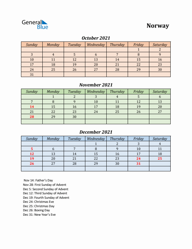 Q4 2021 Holiday Calendar - Norway