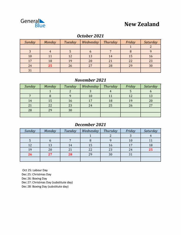 Q4 2021 Holiday Calendar - New Zealand