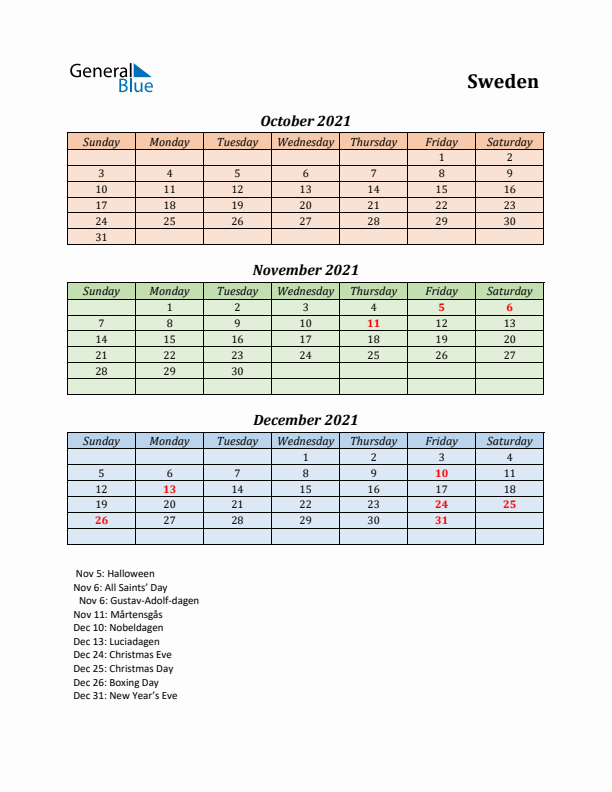 Q4 2021 Holiday Calendar - Sweden