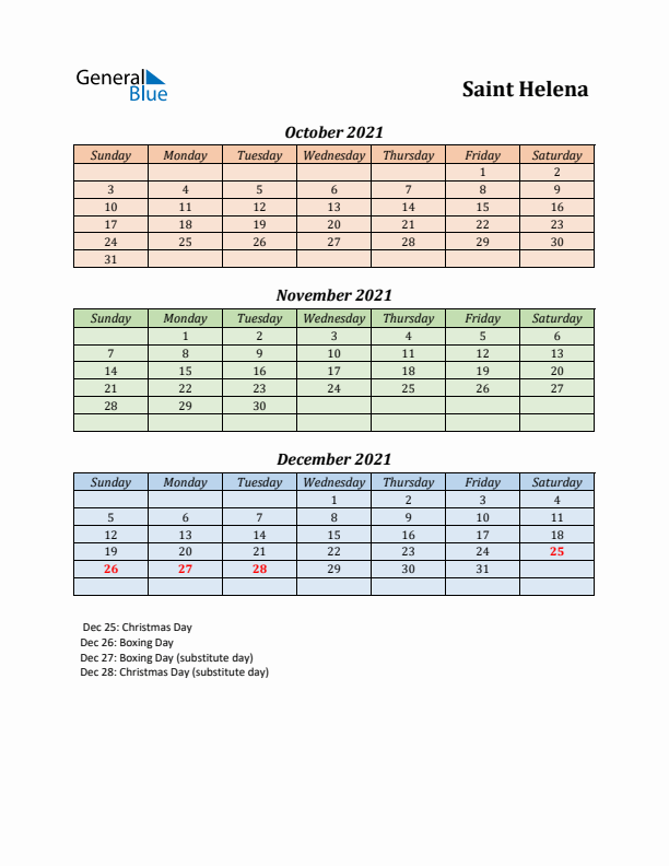 Q4 2021 Holiday Calendar - Saint Helena