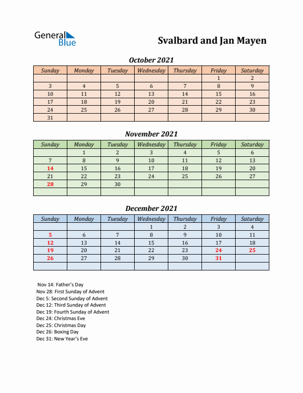 Q4 2021 Holiday Calendar - Svalbard and Jan Mayen