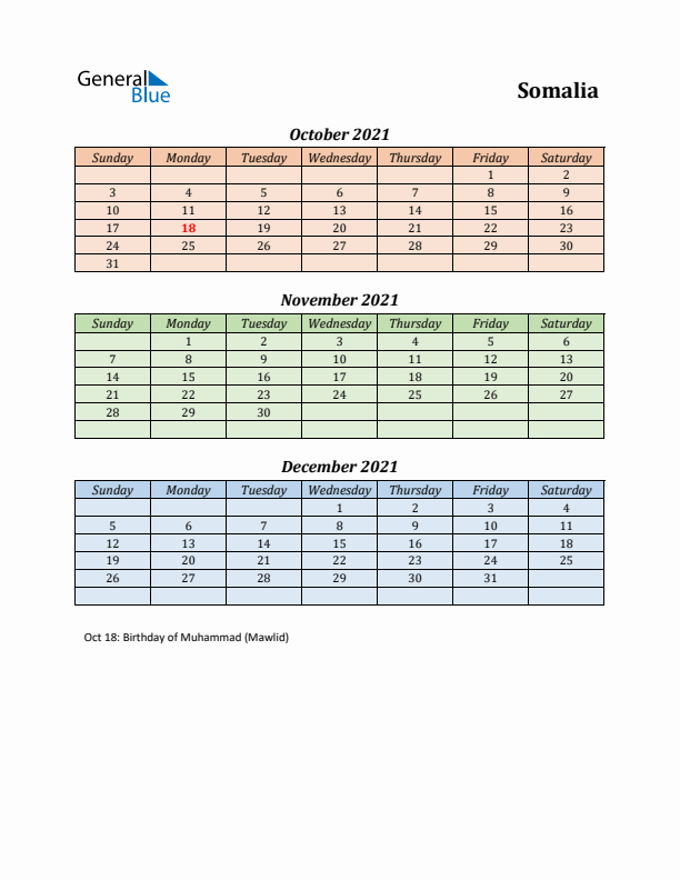 Q4 2021 Holiday Calendar - Somalia