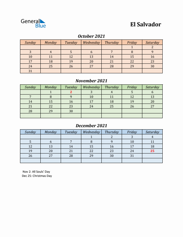 Q4 2021 Holiday Calendar - El Salvador