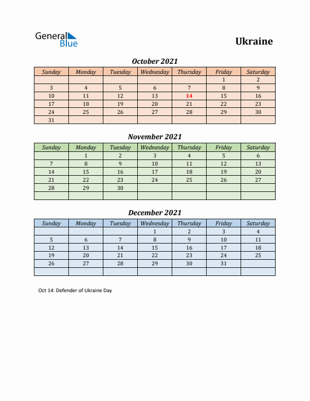 Q4 2021 Holiday Calendar - Ukraine