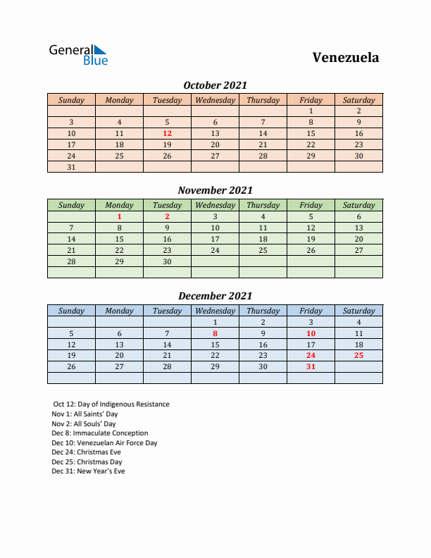 Q4 2021 Holiday Calendar - Venezuela