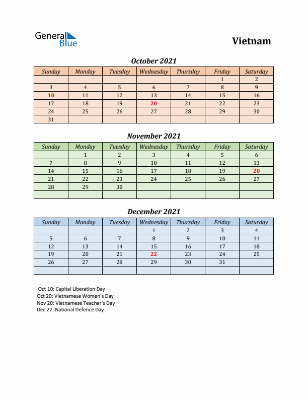 Q4 2021 Holiday Calendar - Vietnam