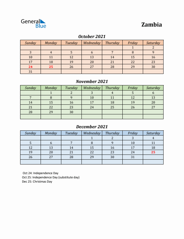 Q4 2021 Holiday Calendar - Zambia