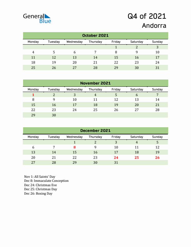 Quarterly Calendar 2021 with Andorra Holidays