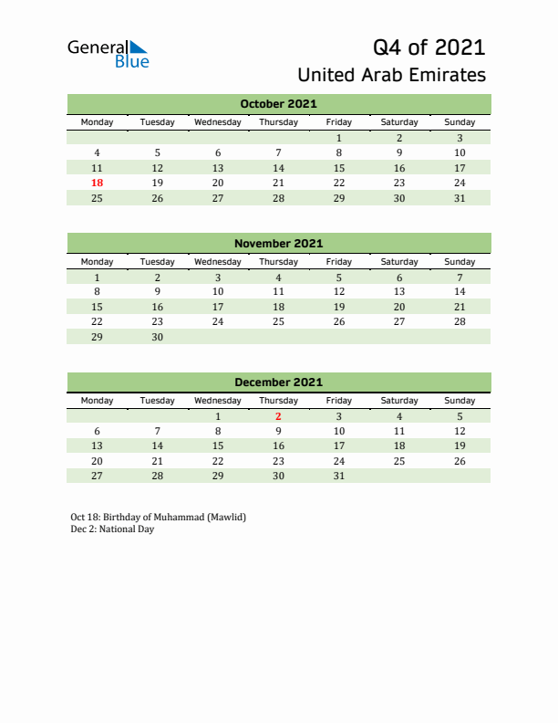 Quarterly Calendar 2021 with United Arab Emirates Holidays