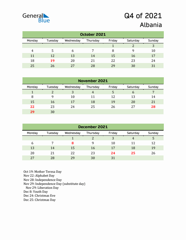 Quarterly Calendar 2021 with Albania Holidays