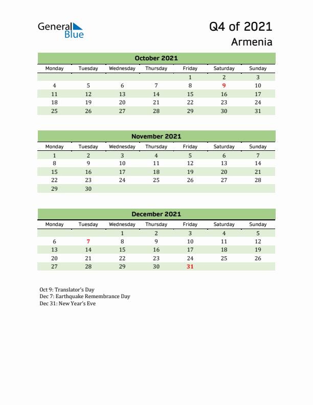 Quarterly Calendar 2021 with Armenia Holidays