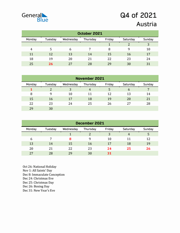 Quarterly Calendar 2021 with Austria Holidays