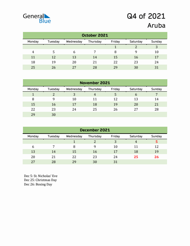 Quarterly Calendar 2021 with Aruba Holidays