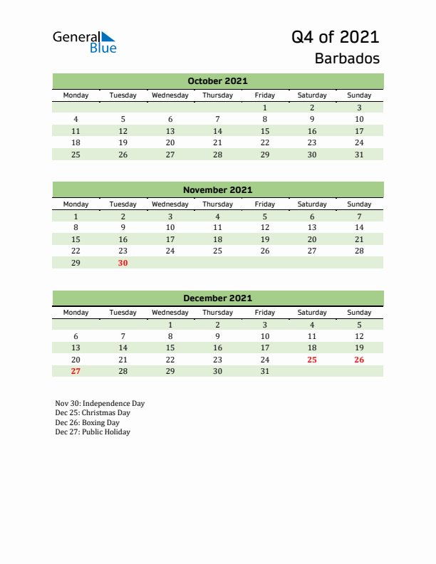 Quarterly Calendar 2021 with Barbados Holidays