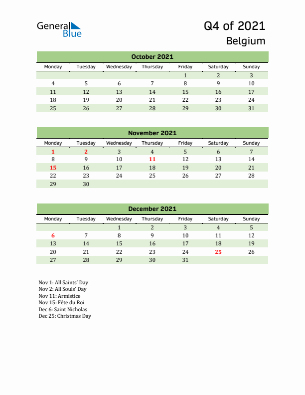 Quarterly Calendar 2021 with Belgium Holidays